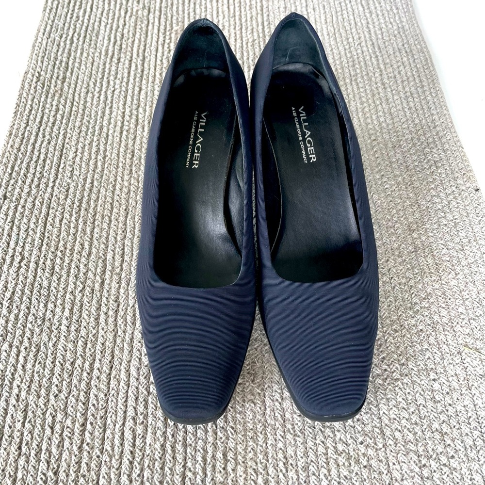 Villager Liz Claiborne Navy Blue Fabric Block Heel Square Toe Pumps 9.5